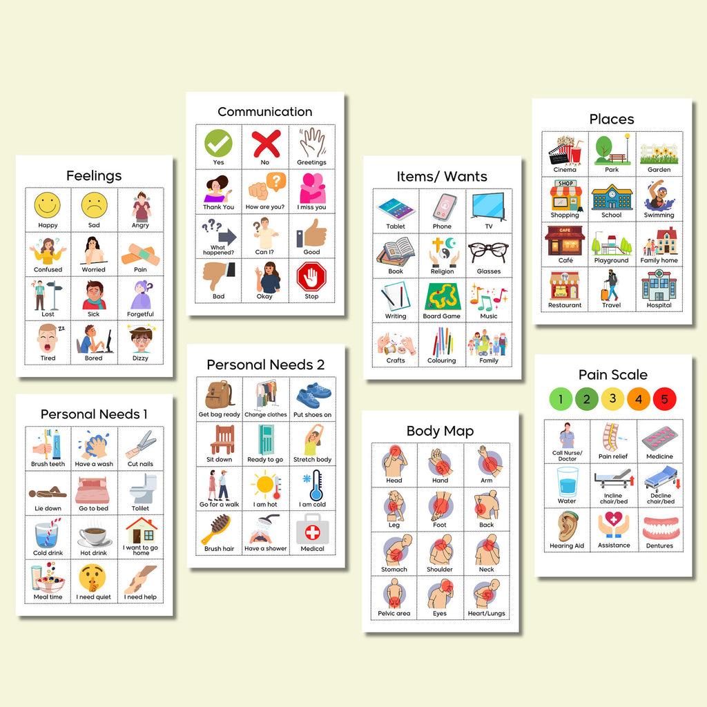 Special needs elderly hospital, adult autistic children, nurse nonverbal communication, visual board, chart, poster